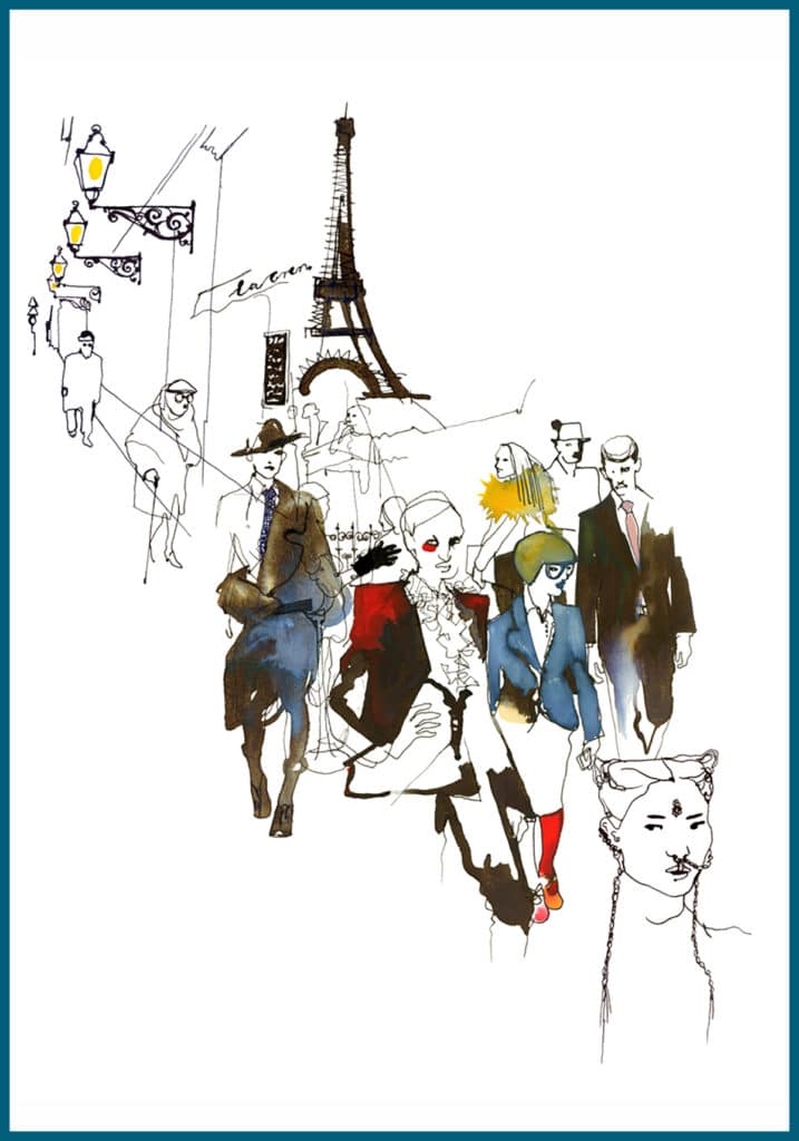 Mode/ reportageteckningar från visningarna i Paris tidigt 00-tal. Den ena bilden illustrerar en Hermesvisning, den andra gatubilden under de speciella dagarna under en modevecka
Bilderna publicerades i ett norskt samt i ett japanskt Modemagasin 
