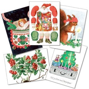 Fem fina julkort illustrerade av Jane Bark med motiv från resor och jobb. Format A5.