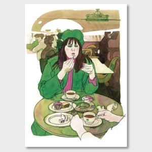 Två kvinnor fikar vid Centralens kaféservering, 1970-tal. Tidstypisk poster, Jane Bark Collection.