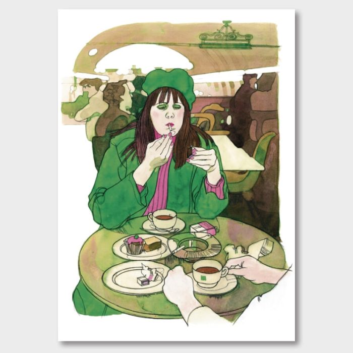 Två kvinnor fikar vid Centralens kaféservering, 1970-tal. Tidstypisk poster, Jane Bark Collection.