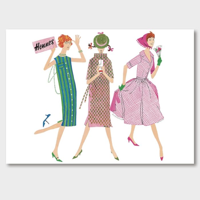 Tre flickor klädda i klänningar från Martinette, för Hennes, 1960-tal. Nu som rolig poster, Jane Bark Collection