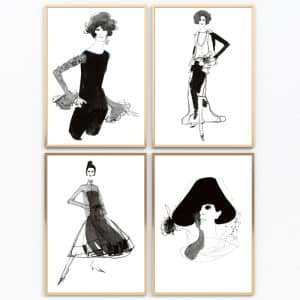 Fashion collection. Fyra fantastiska modebilder av Jane Bark nu som posters i A4-format. Haute Couture – Paris, tidigt 1960-tal.
