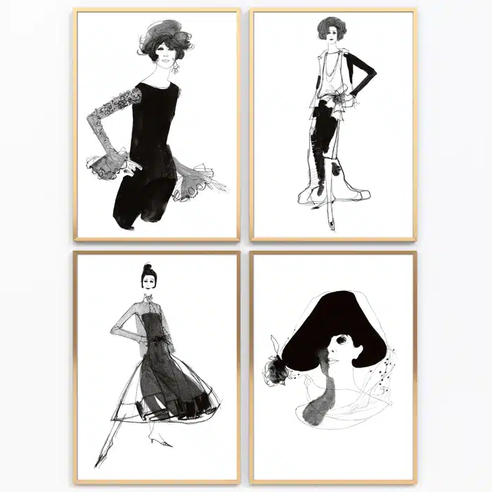 Fashion collection. Fyra fantastiska modebilder av Jane Bark nu som posters i A4-format. Haute Couture – Paris, tidigt 1960-tal.
